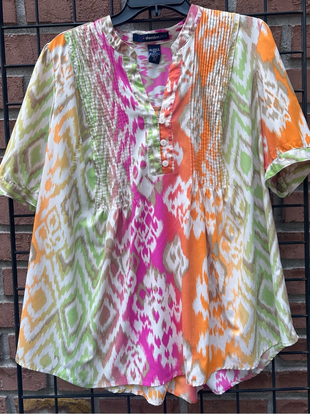 Denim 24/7 Multicolor Ikat Pintuck Tunic - Pink, Orange, Green